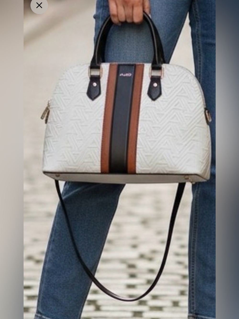 Aldo Dome Satchel Handbag Cream Embossed Geometric Racing Stripe Crossbody Bag